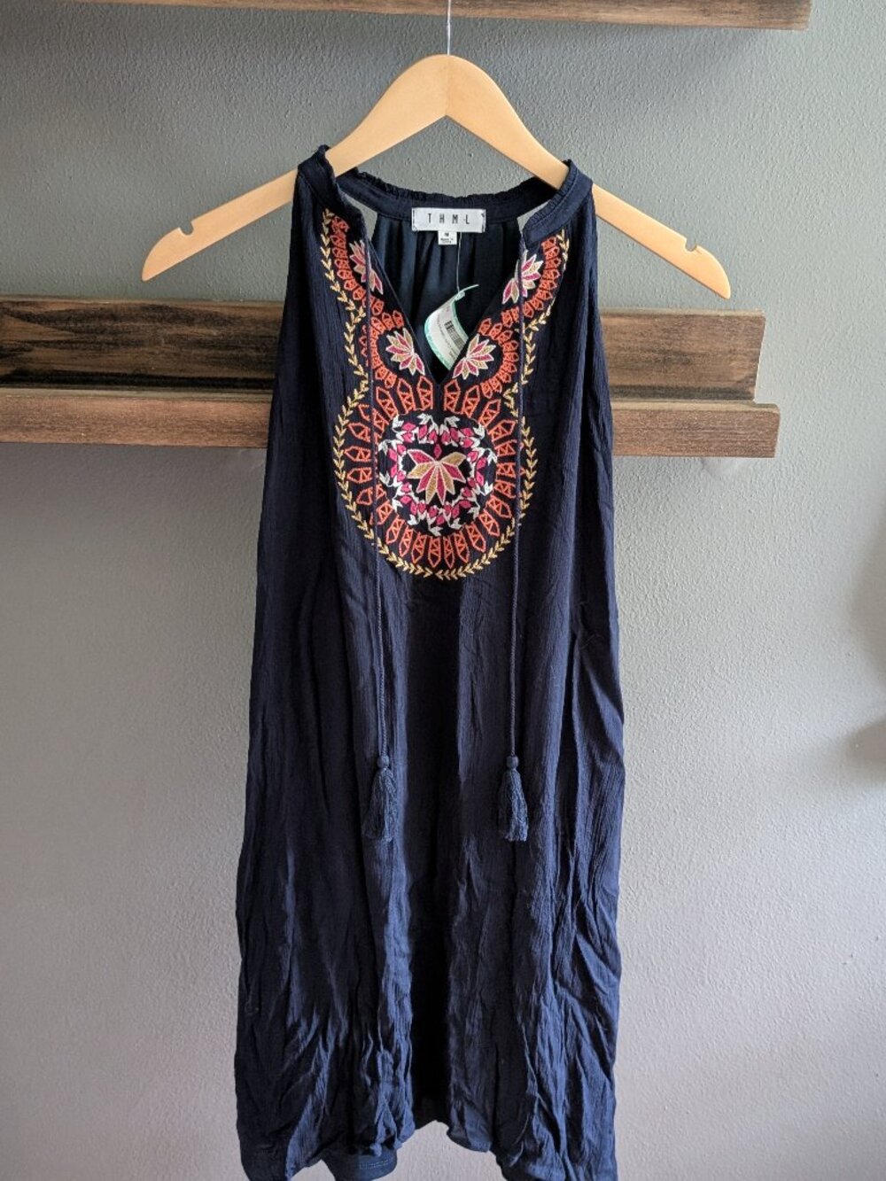 THML NWT Navy Blue Embroidered Tassel Boho Festival Sleeveless Mini Dress Medium